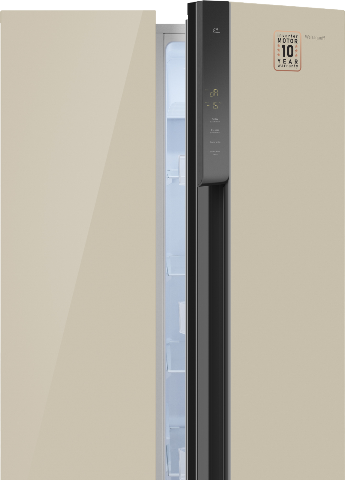 картинка Отдельностоящий холодильник Weissgauff WSBS 500 Inverter NoFrost Beige Glass 